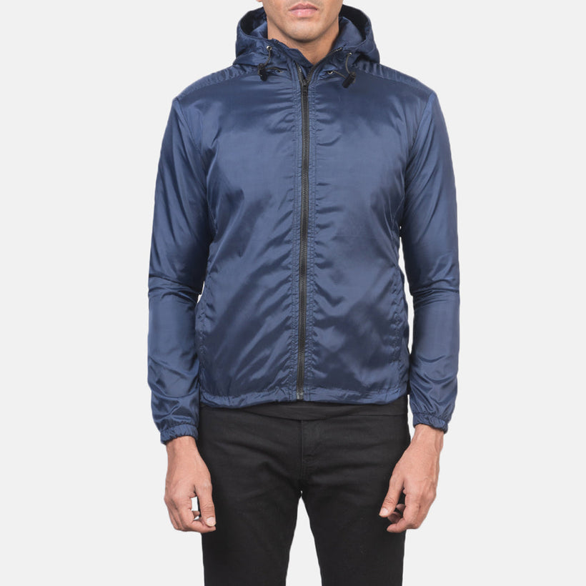 Jimmy Blár Hooded Windbreaker Leðurjakki fyrir Karla