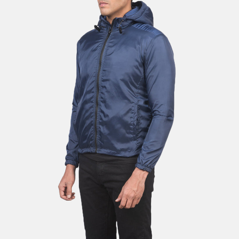 Jimmy Blár Hooded Windbreaker Leðurjakki fyrir Karla