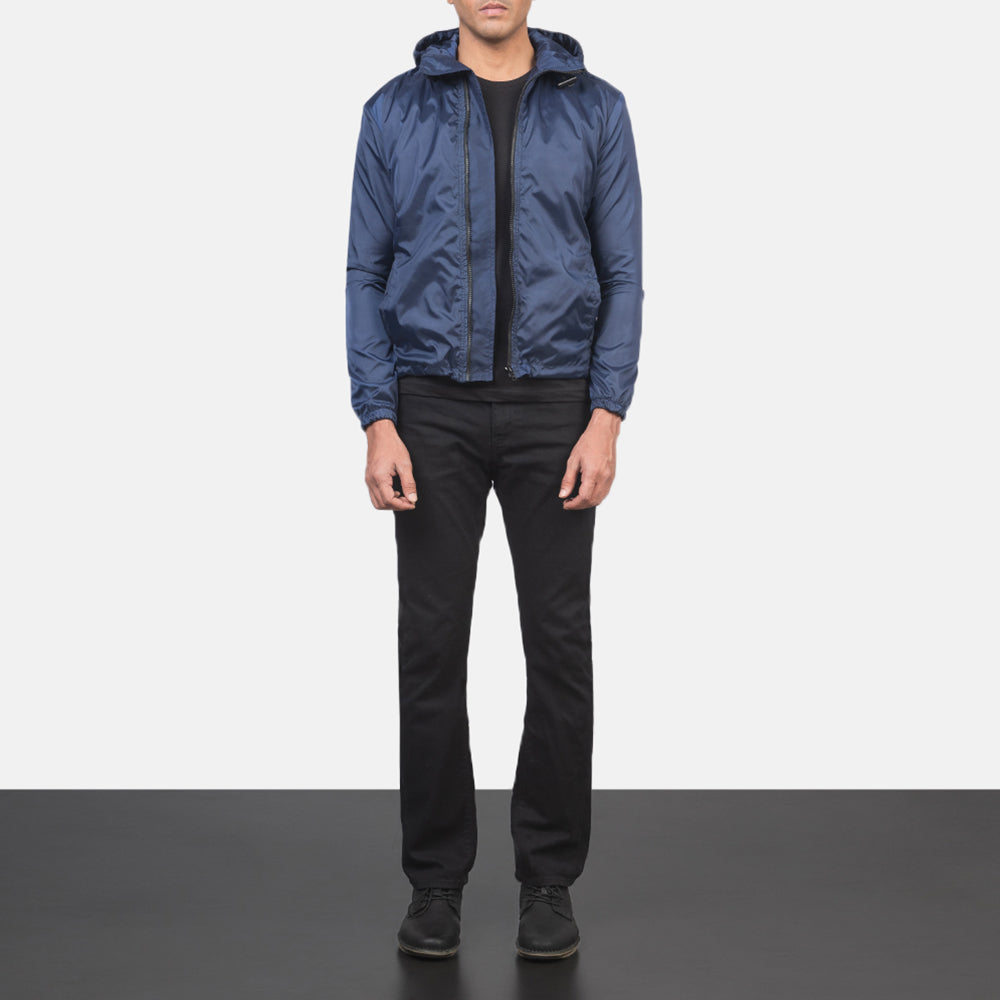 
Jimmy Blár Hooded Windbreaker Leðurjakki fyrir Karla - Hliðarsýn með vinnuvistfræðilegu ermasniði