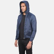 
Nærmynd of High Neck with Hood & Zipper with wind flap Hardware on Jimmy Blár Hooded Windbreaker Leðurjakki fyrir Karla