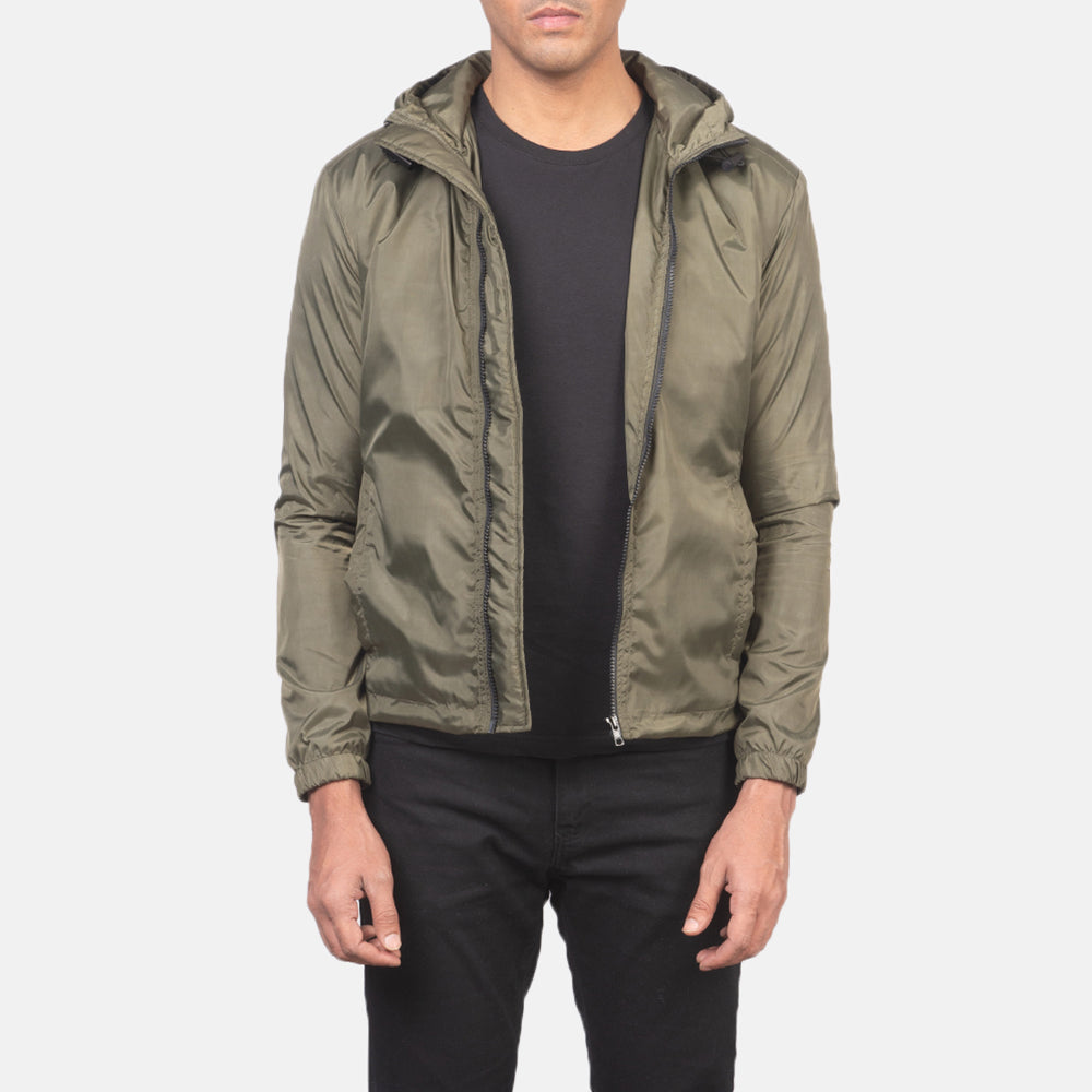 
Jimmy Grænn Hooded Windbreaker Leðurjakki fyrir Karla - Að framan með sniðinni hönnun | Kaupa á netinu