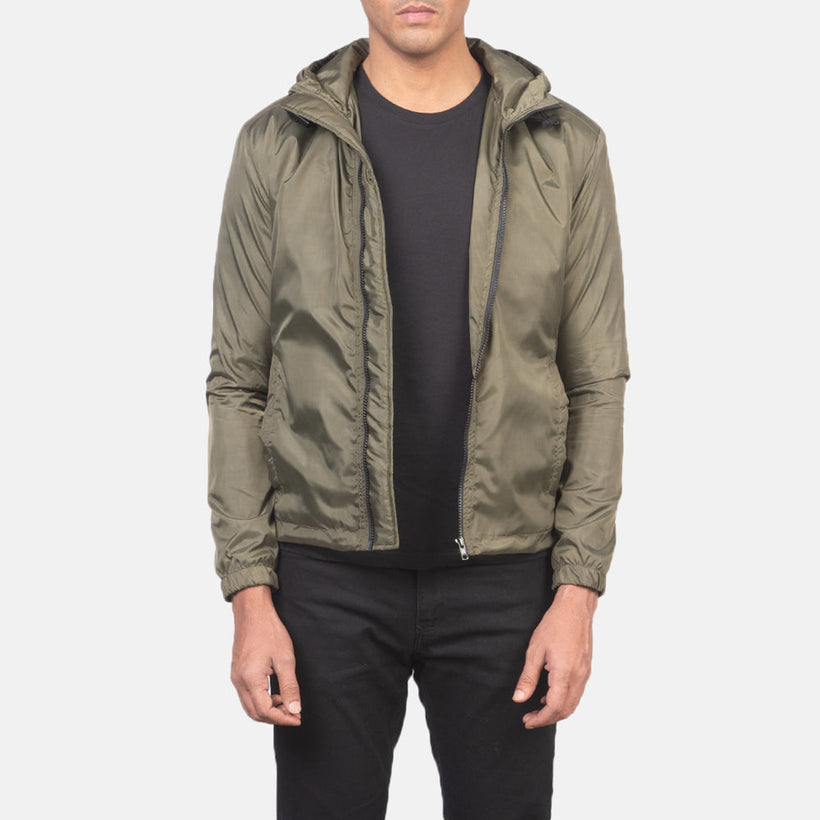 Jimmy Grænn Hooded Windbreaker Leðurjakki fyrir Karla