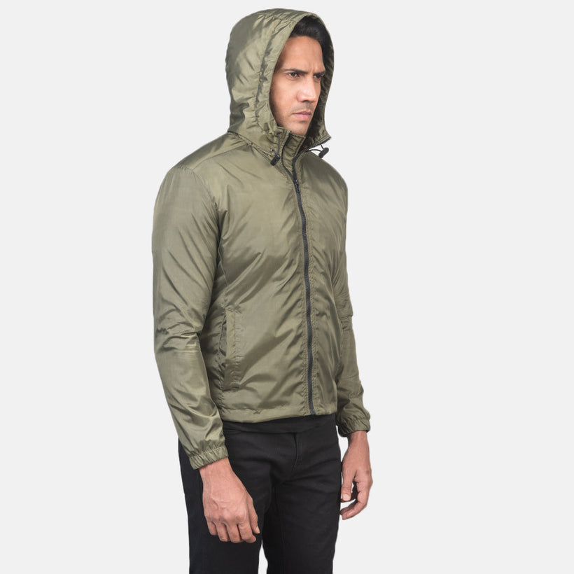 Jimmy Grænn Hooded Windbreaker Leðurjakki fyrir Karla