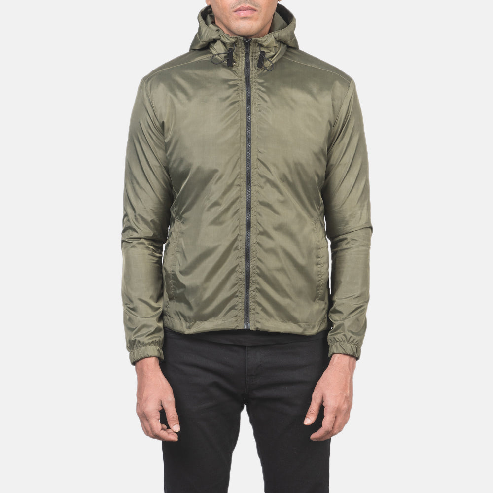 Nærmynd of High Neck with Hood & Zipper with wind flap Hardware on Jimmy Green Hooded Windbreaker Jacket