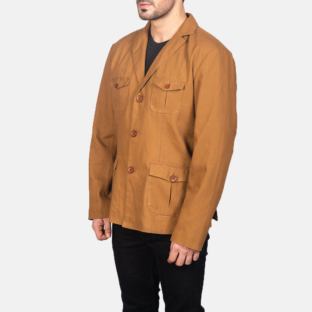 
Khaki Poly-Cotton Leather Blazer - Að aftan með nákvæmri axlasniði og hreinum fald