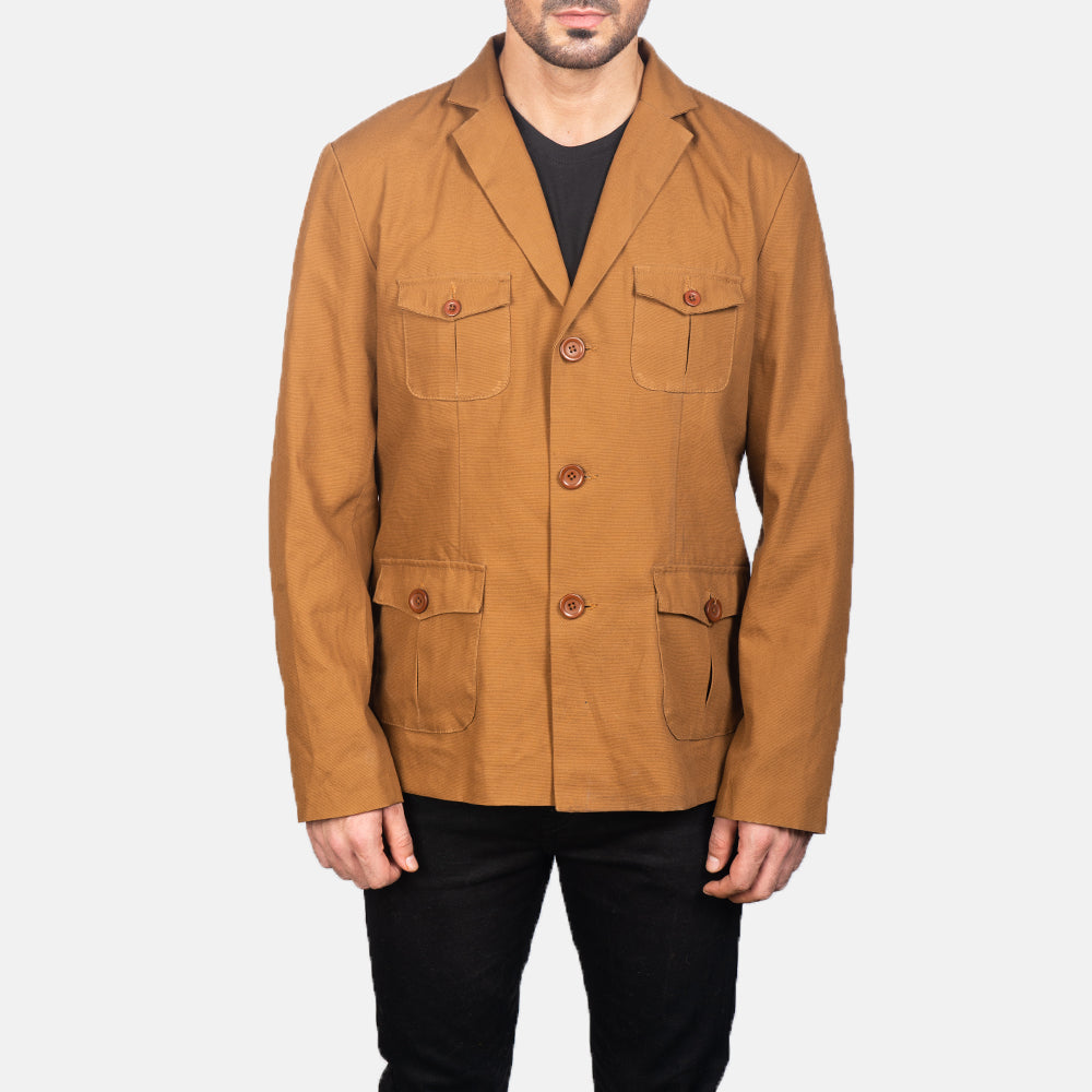
Nærmynd of Notch & Button Hardware on Kajetan Khaki Safari Leðurjakki fyrir Karla