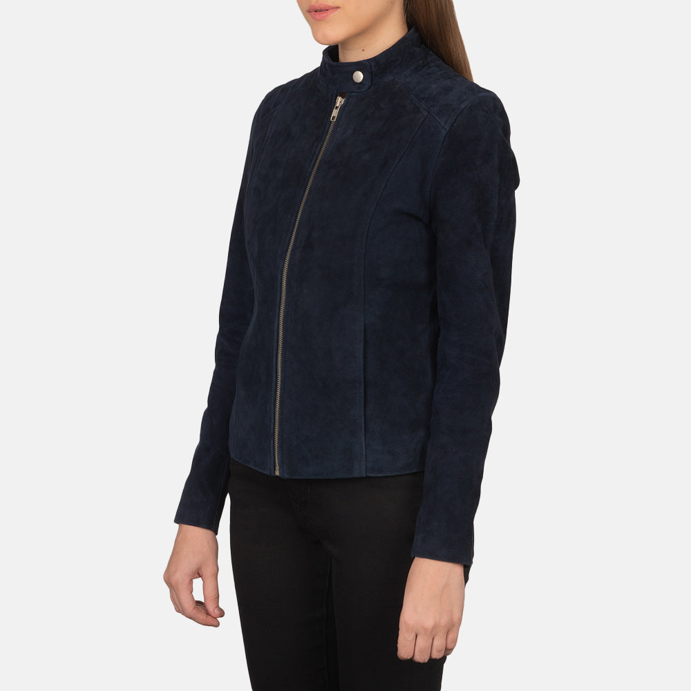 Navy Blue Goatskin Suede Biker Jacket - Back View Showing Tailored Shoulder Fit & Clean Hemline