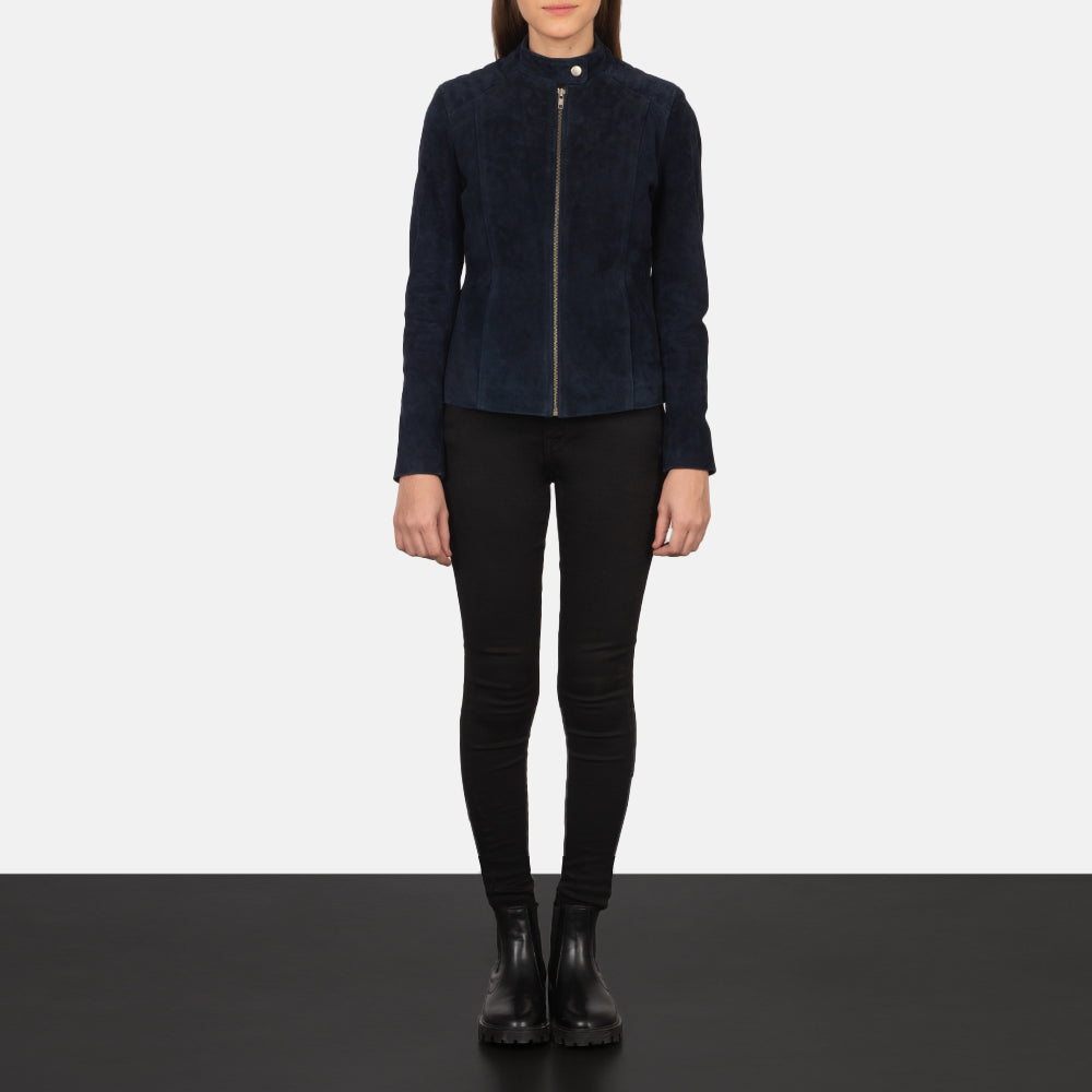 Women's Kelsee Navy Blue Suede Biker Jacket - Lateral Side Profile View Showing Sleeve Cut & Athletic Taper Fit