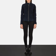 Women's Kelsee Navy Blue Suede Biker Jacket - Lateral Side Profile View Showing Sleeve Cut & Athletic Taper Fit