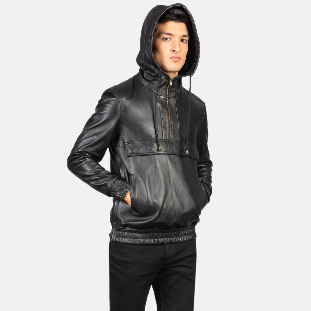 
Nærmynd of Classic Collar & Heavy-Duty Zipper Hardware on Kenton Hooded Blue Suede Pullover Jacket