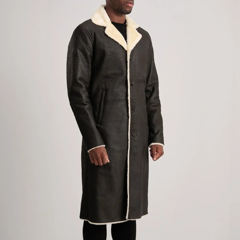 Kolby Brúnn Shearling Leðursíðkápa fyrir Karla