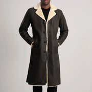 Close-Up Detail of Notch &amp; Button Hardware on Kolby Tumbled Brown Shearling Long Coat