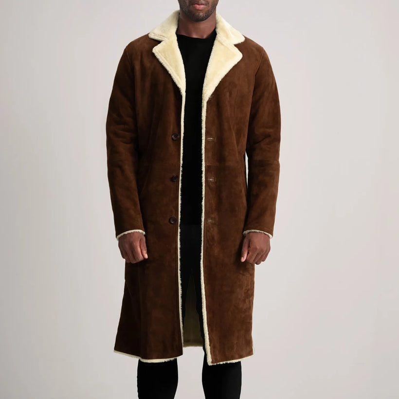 Kolby Brúnn Suede Shearling Leðursíðkápa fyrir Karla