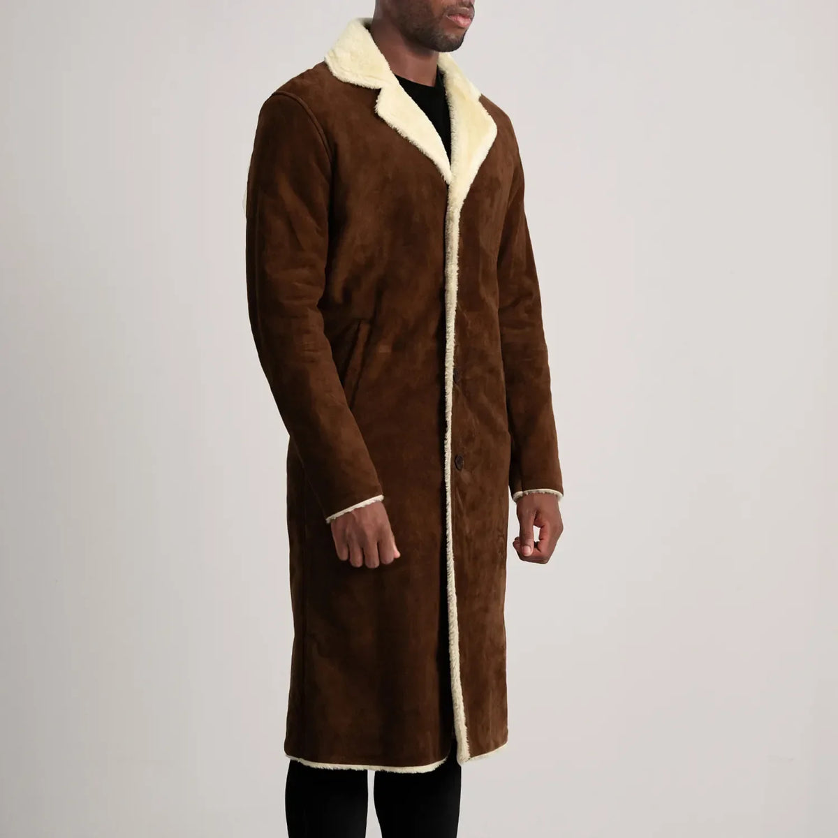 
Brown Goatskin Suede Aviator Jacket - Að aftan með nákvæmri axlasniði og hreinum fald