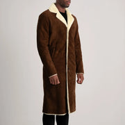 
Brown Goatskin Suede Aviator Jacket - Að aftan með nákvæmri axlasniði og hreinum fald