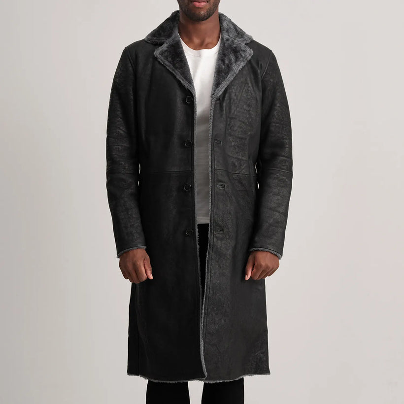 Kolby Distressed Svartur Leather Shearling Leðursíðkápa fyrir Karla