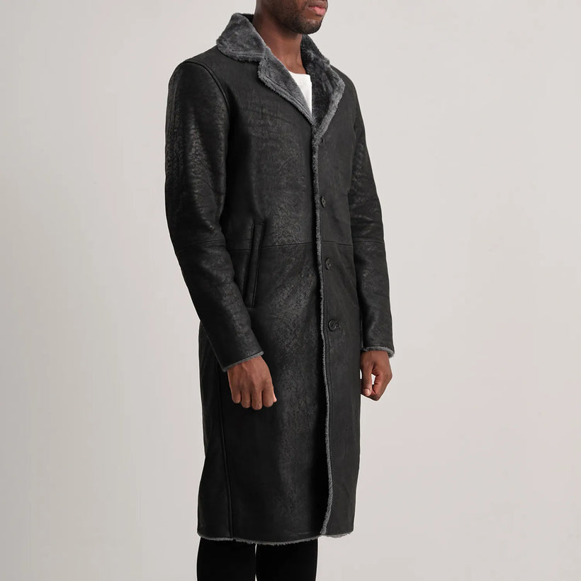 Kolby Distressed Svartur Leather Shearling Leðursíðkápa fyrir Karla
