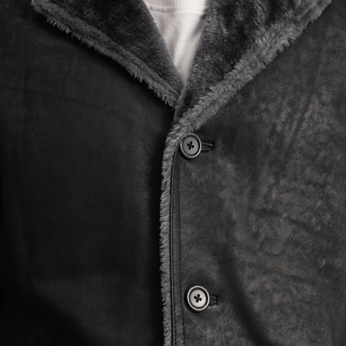 
Nærmynd of Notch & Button Hardware on Kolby Distressed Black Shearling Long Coat