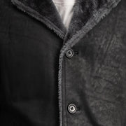 
Nærmynd of Notch & Button Hardware on Kolby Distressed Black Shearling Long Coat