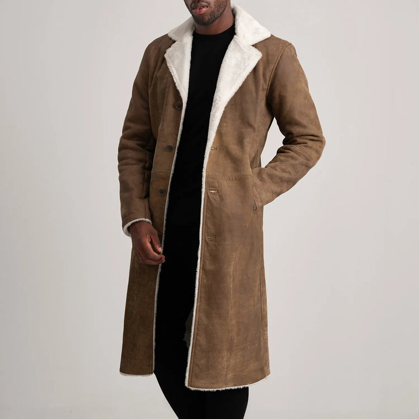 Kolby Distressed Brúnn Leather Shearling Leðursíðkápa fyrir Karla