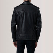 Close-Up Detail of Notch &amp; Zipper &amp; Waist Straps Hardware on Kole Black Leather Double Rider Jacket For Men