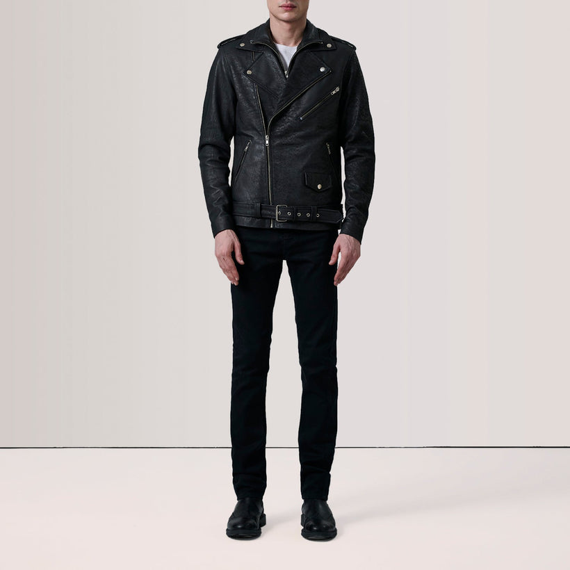 Kole Distressed Svartur Leather Double Rider Leðurjakki fyrir Karla