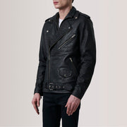 
Kole Distressed Svartur Leather Double Rider Leðurjakki fyrir Karla - Hliðarsýn með vinnuvistfræðilegu ermasniði