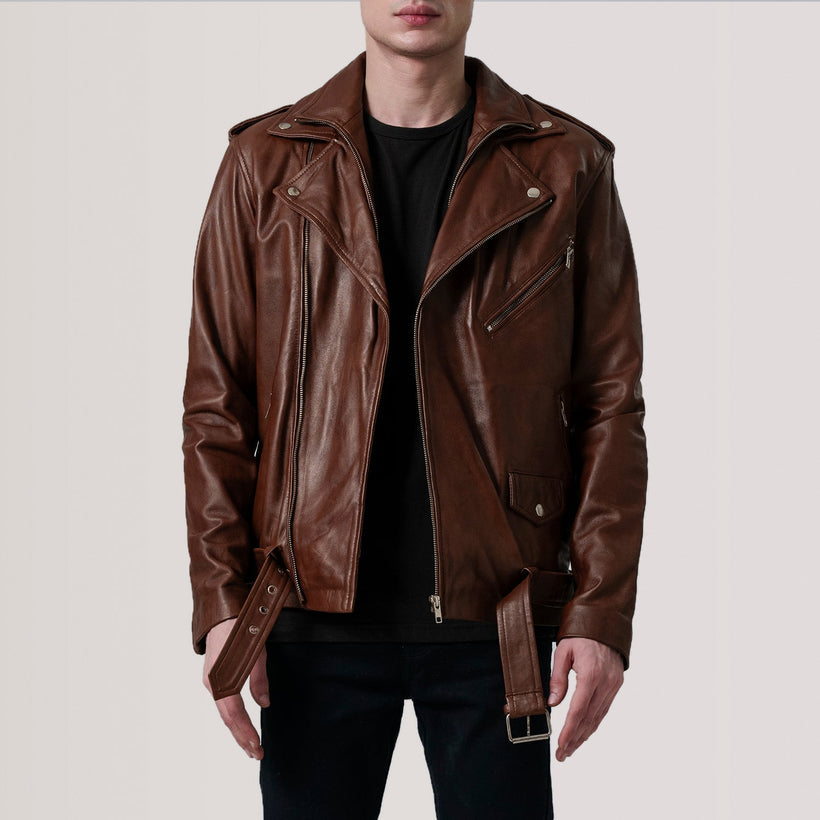 Kole Waxed Brúnn Leather Double Rider Leðurjakki fyrir karla