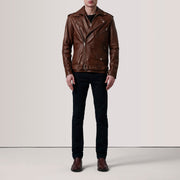 
Distressed Brown Sheepskin Burnished Biker Jacket - Að aftan með nákvæmri axlasniði og hreinum fald