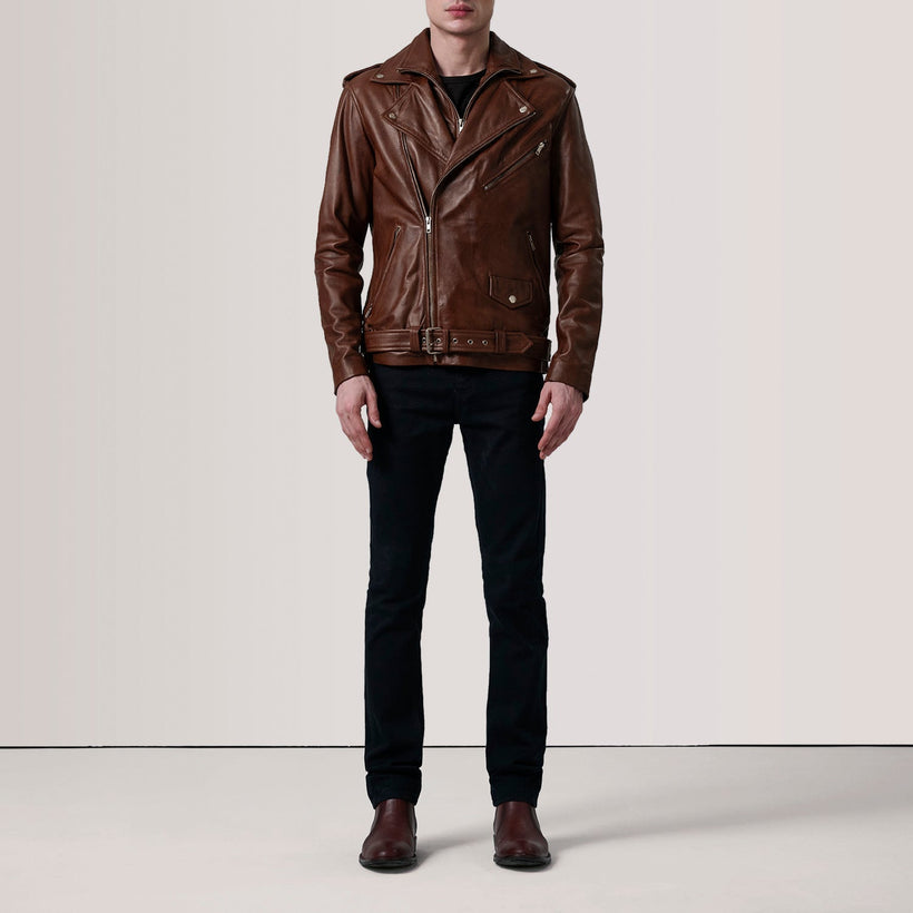 Kole Waxed Brúnn Leather Double Rider Leðurjakki fyrir karla