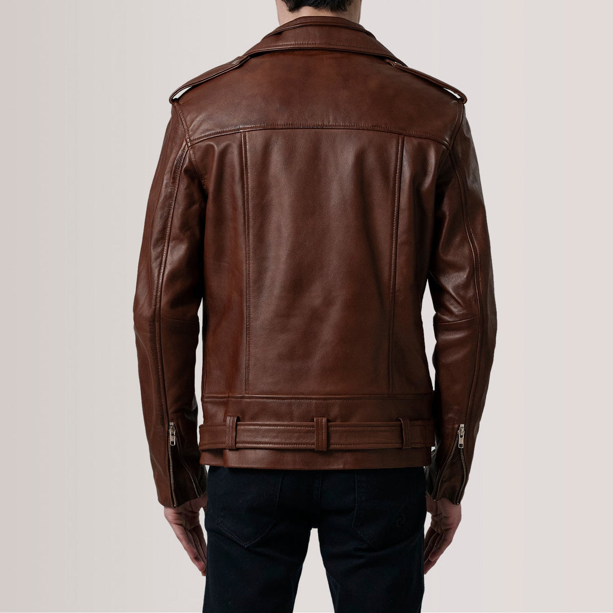 
Nærmynd of Notch & Zipper & Waist Straps Hardware on Kole Waxed Brúnn Leather Double Rider Leðurjakki fyrir Karla