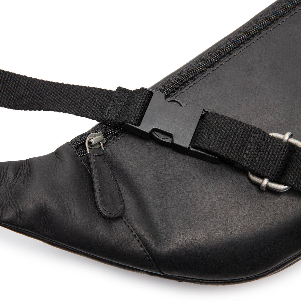 Solid Antique Brass Hardware &amp; Heavy-Duty Dual Zipper Detail on Vernio Full-Grain Leather Belt Bag