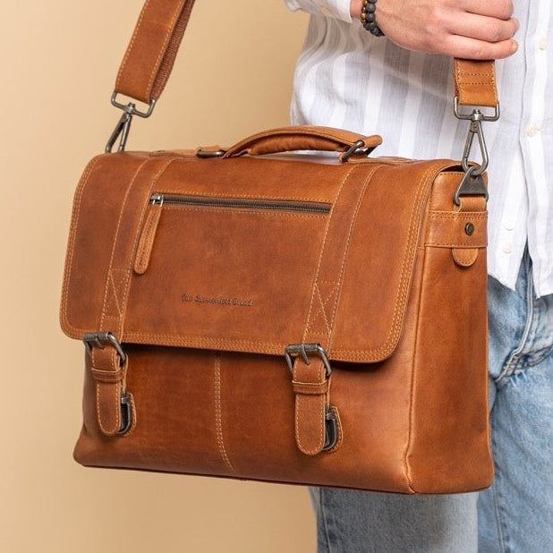 Classic 100% Full-Grain leather Briefcase - Að aftan með styrktum leðurólum