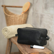 Stacey Full-Grain Leather Toiletry Bag - Lateral Side Profile View Showing Sleeve Cut &amp; Athletic Taper Fit
