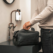 Stefan Full-Grain Leather Toiletry Bag - Lateral Side Profile View Showing Sleeve Cut &amp; Athletic Taper Fit
