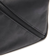 Close-Up Detail of Classic Collar &amp; Heavy-Duty Zipper Hardware on Trevia Full-Grain Leather Toiletry Bag
