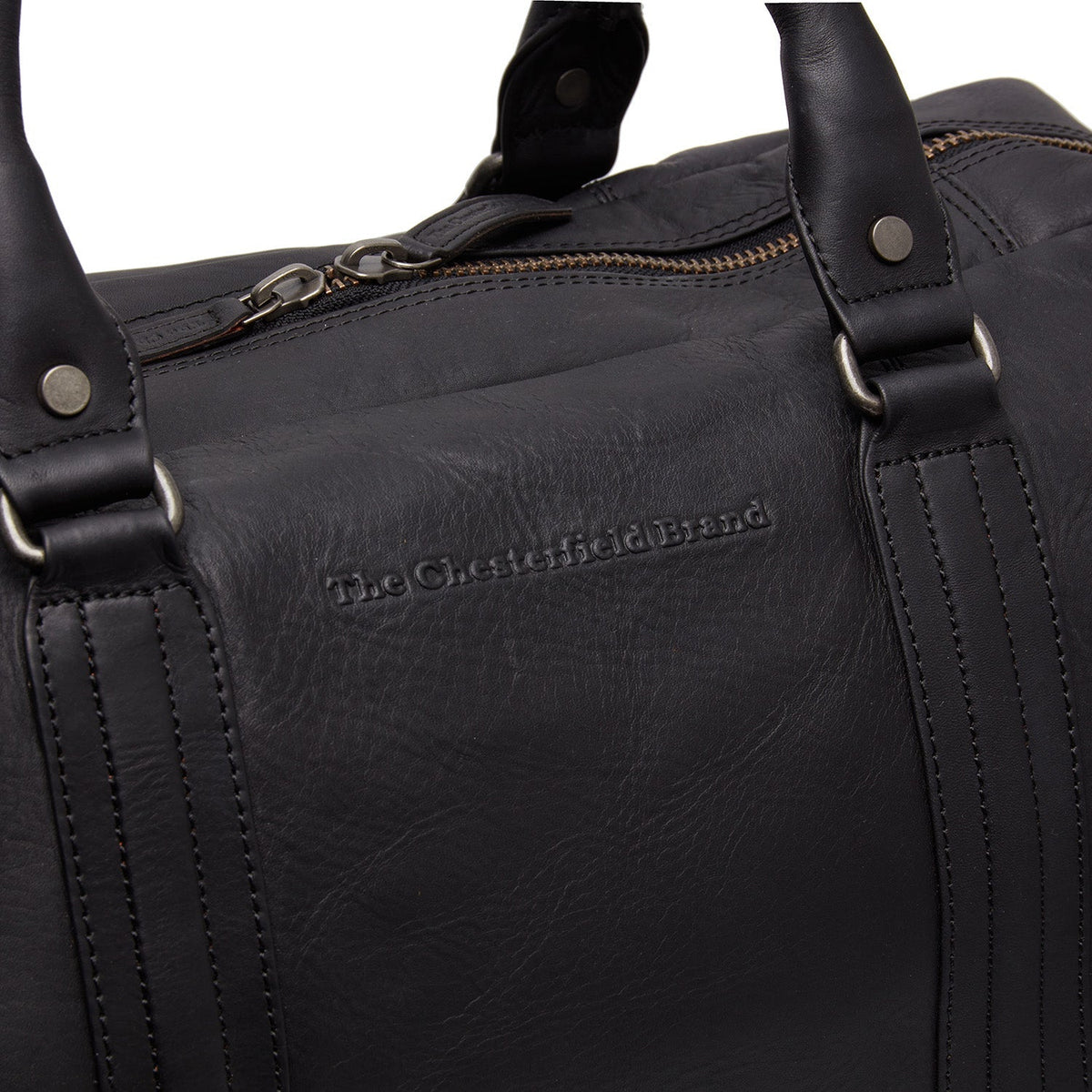 Solid Antique Brass Hardware &amp; Heavy-Duty Dual Zipper Detail on Perth Full-Grain Leather Weekender Bag