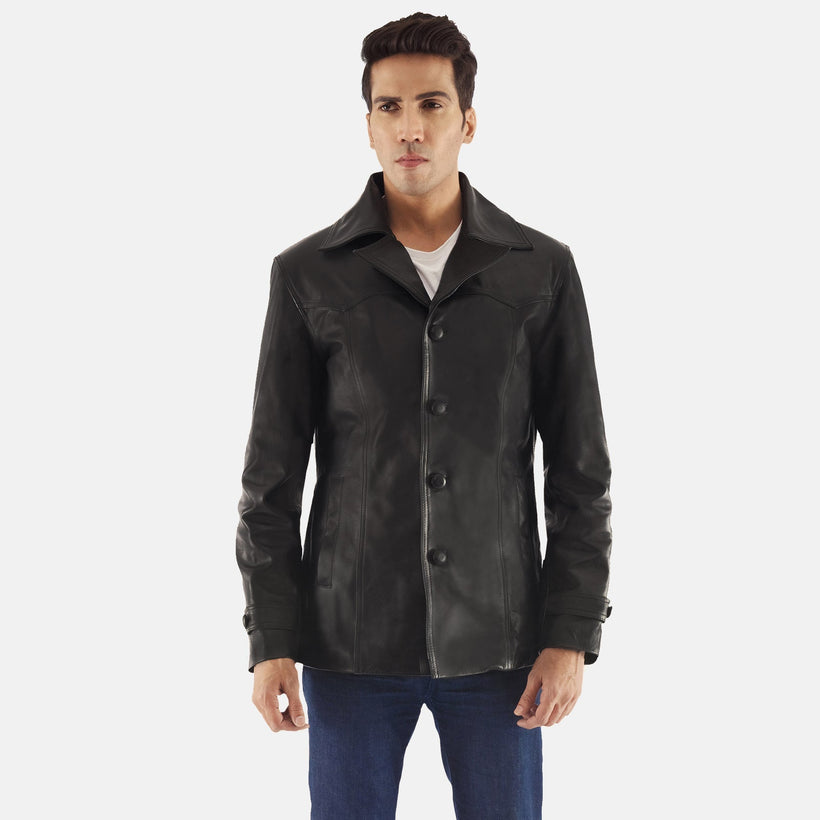 Leo Svartur Leather Coat fyrir karla