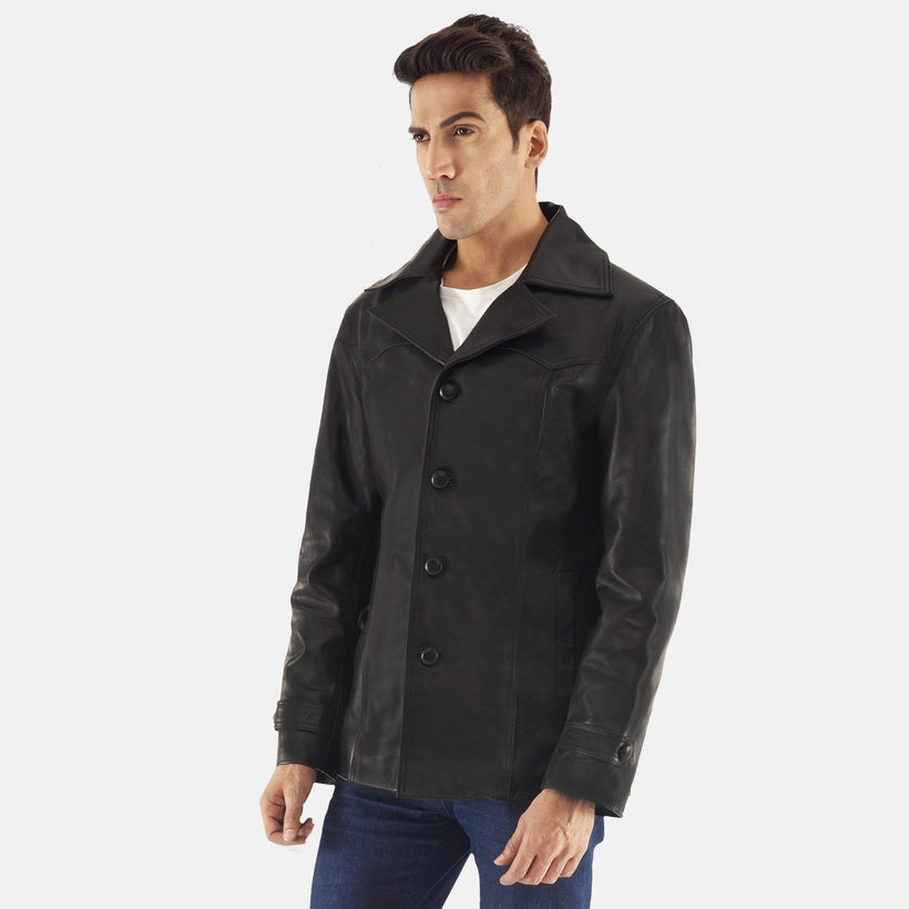 Leo Svartur Leather Coat fyrir karla