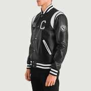 
Black & White Sheepskin Leather Varsity Jacket - Að aftan með nákvæmri axlasniði og hreinum fald