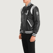 
Black & White Sheepskin Leather Varsity Jacket - Að aftan með nákvæmri axlasniði og hreinum fald