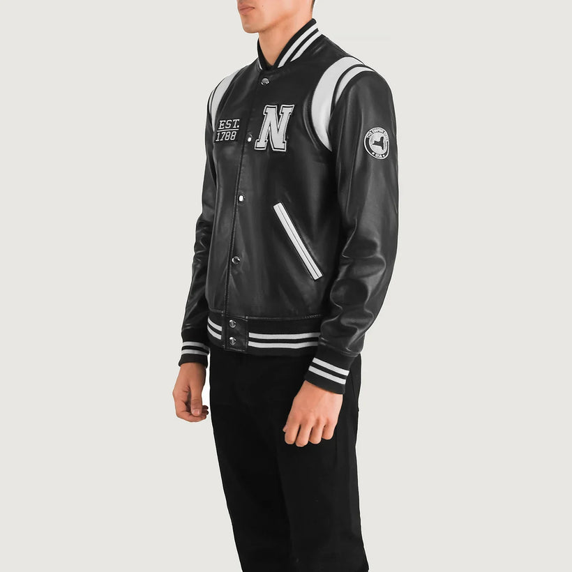 Liberte New York Svartur Leather Varsity Leðurjakki fyrir karla