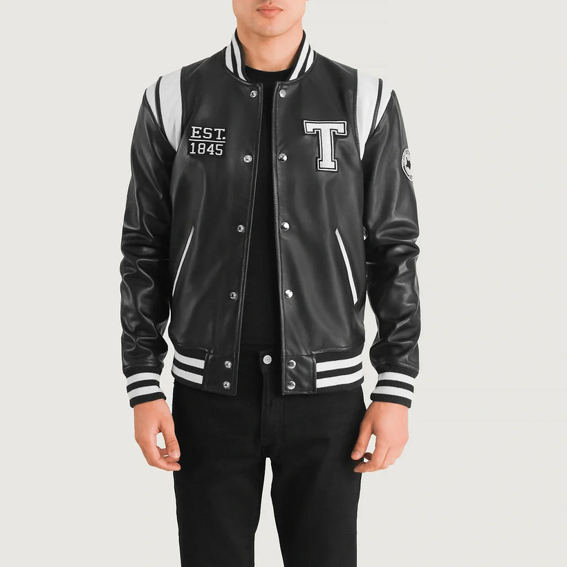 Liberte Texas Svartur Leather Varsity Leðurjakki fyrir karla