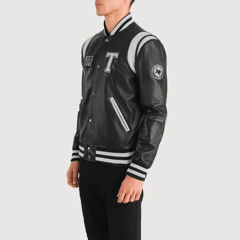 Liberte Texas Svartur Leather Varsity Leðurjakki fyrir karla