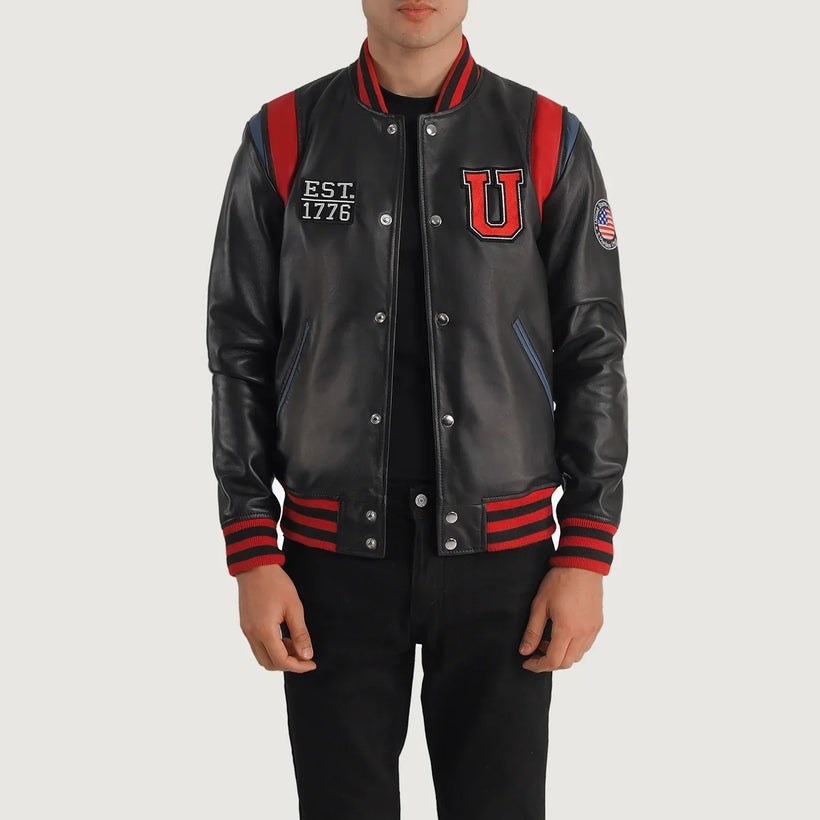 Liberte Usa Svartur Leather Varsity Leðurjakki fyrir karla