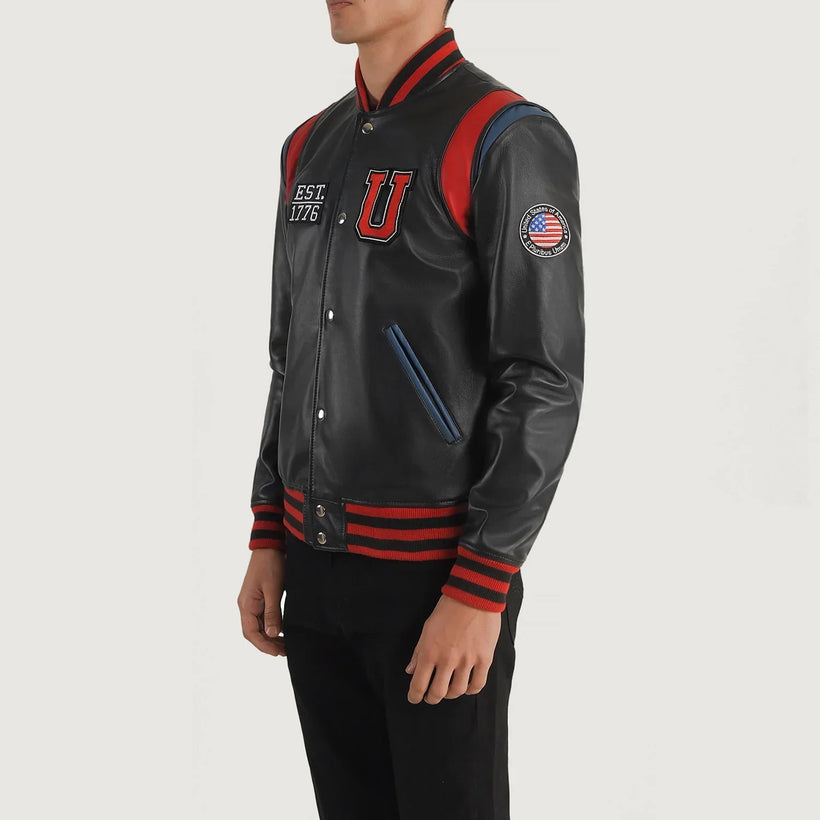 Liberte Usa Svartur Leather Varsity Leðurjakki fyrir karla