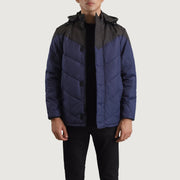 
Luka Svartur & Blár Hooded Puffer Leðurjakki fyrir Karla in Black & Blue Full-Grain Leather - Að framan með sniðinni hönnun | Kaupa á netinu