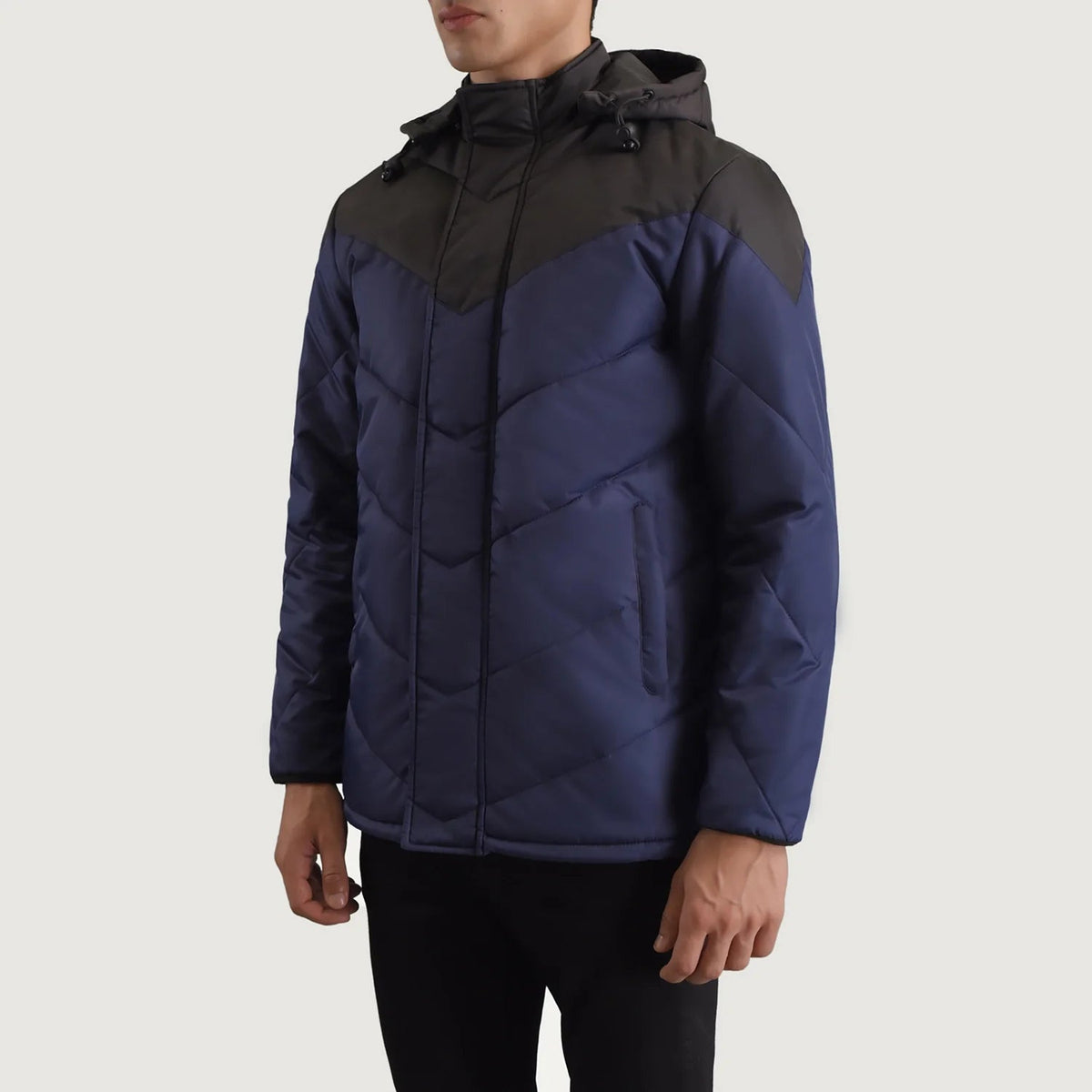 
Black & Blue Full-Grain Leather Hooded Jacket - Að aftan með nákvæmri axlasniði og hreinum fald