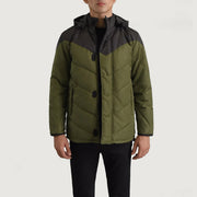 
Luka Svartur & Grænn Hooded Puffer Leðurjakki fyrir Karla in Black & Green Full-Grain Leather - Að framan með sniðinni hönnun | Kaupa á netinu