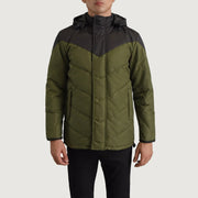 
Nærmynd of Classic Collar & Zipper With Velcro Placket Hardware on Luka Svartur & Grænn Hooded Puffer Leðurjakki fyrir Karla